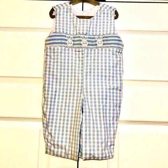 New CLASSIC WHIMSY Blue Gingham Embr Bunny Smocked Longall Romper 18M - Picture 2 of 7
